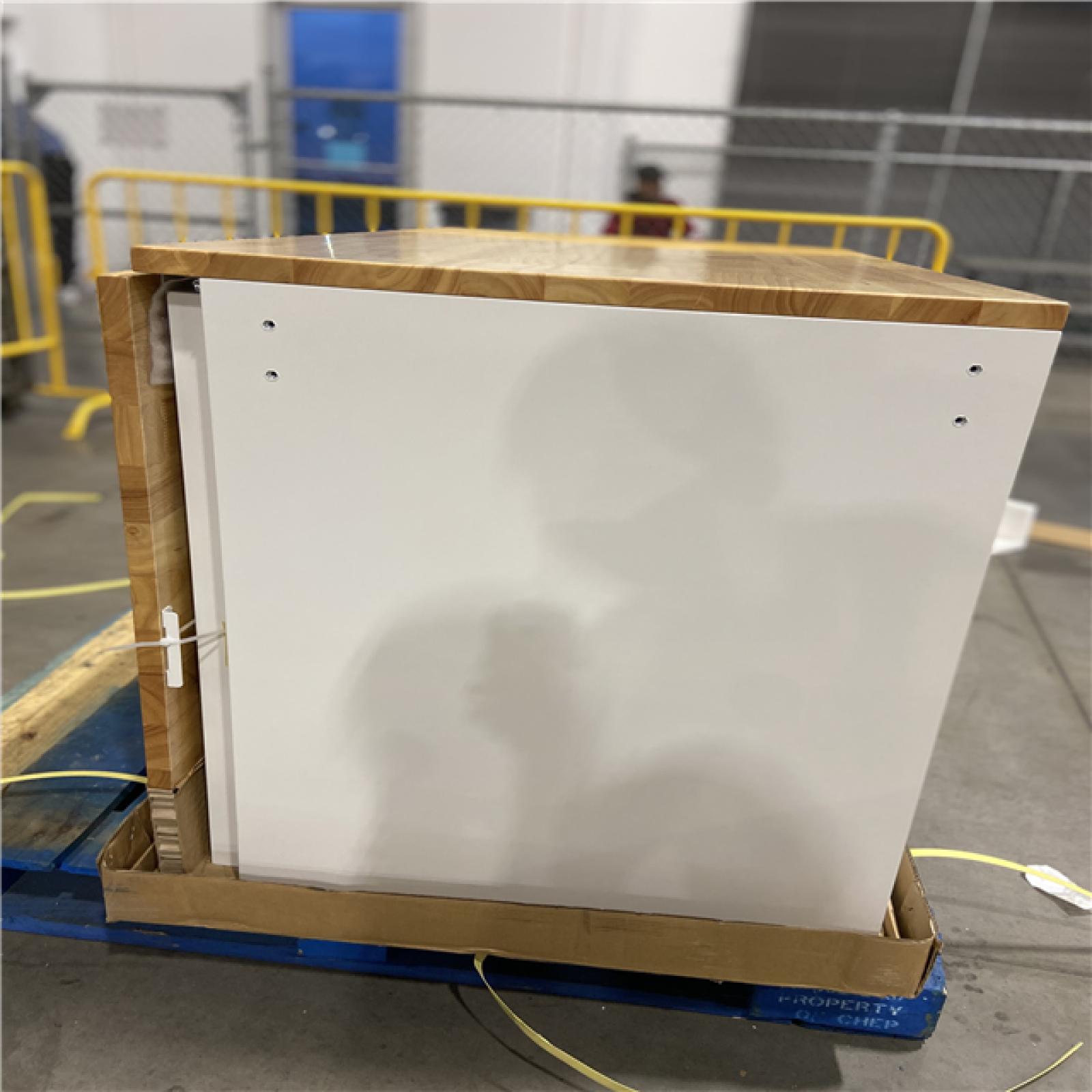 DALLAS LOCATION - Husky Tool Storage 46 in. W x 51 in. D Standard Duty Gloss White Mobile Workbench Cabinet with Solid Wood Top