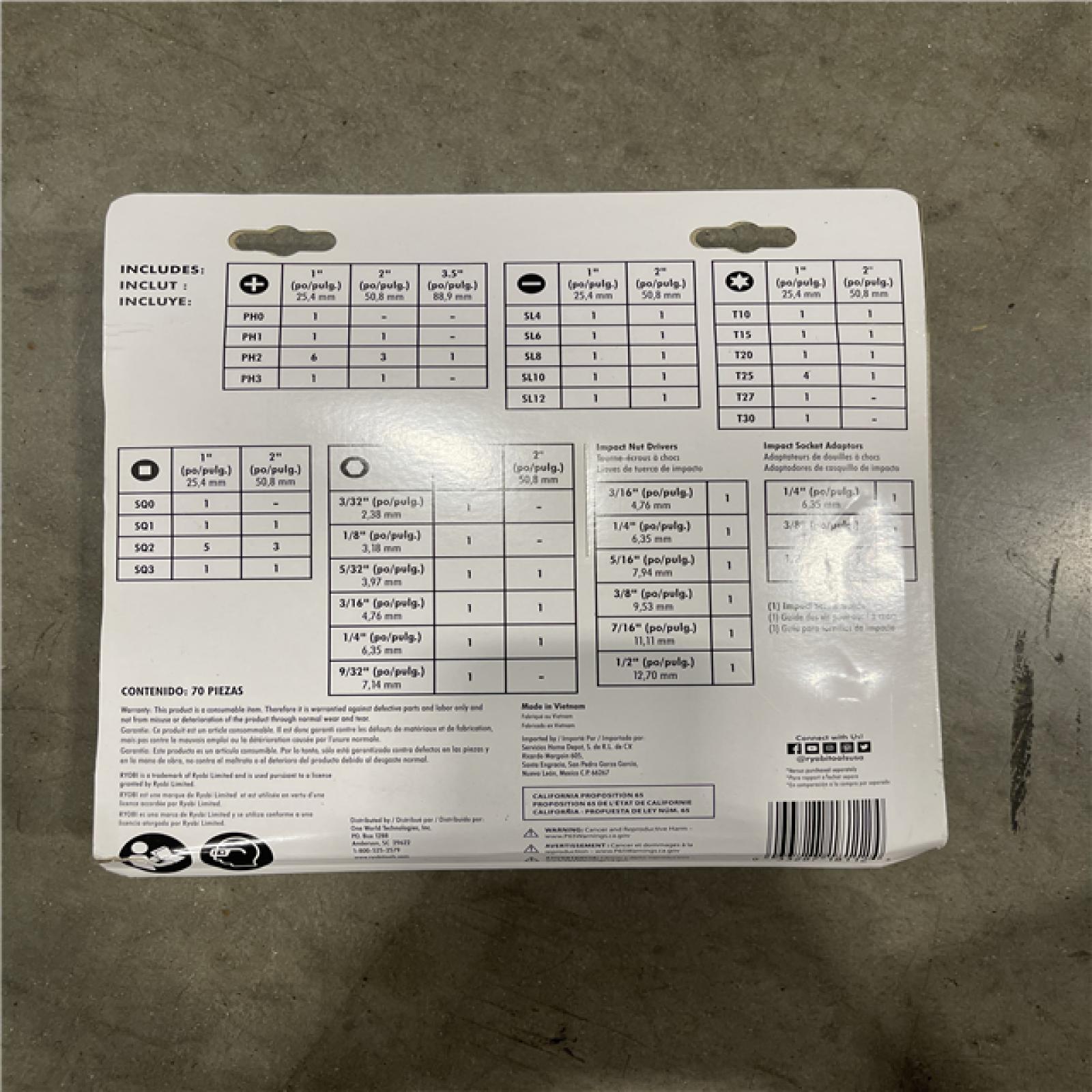 NEW!- RYOBI 70PC IMPACT DRIVING KIT -(6 UNITS)