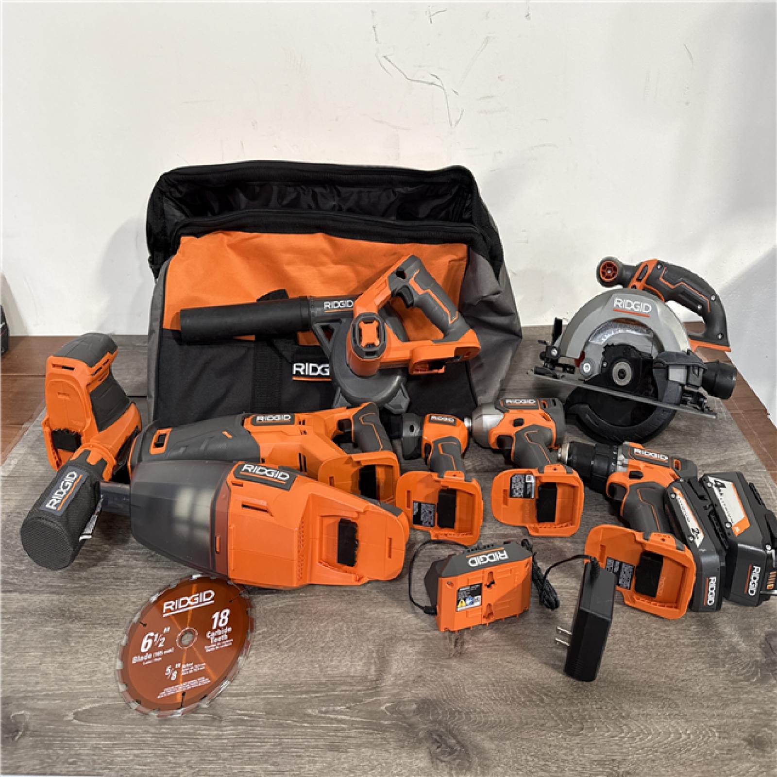 California AS-IS Ridgid 18V 8-Tool Combo Kit  Includes (2) Batteries  Charger & Bag; Appears in Excellent Condition