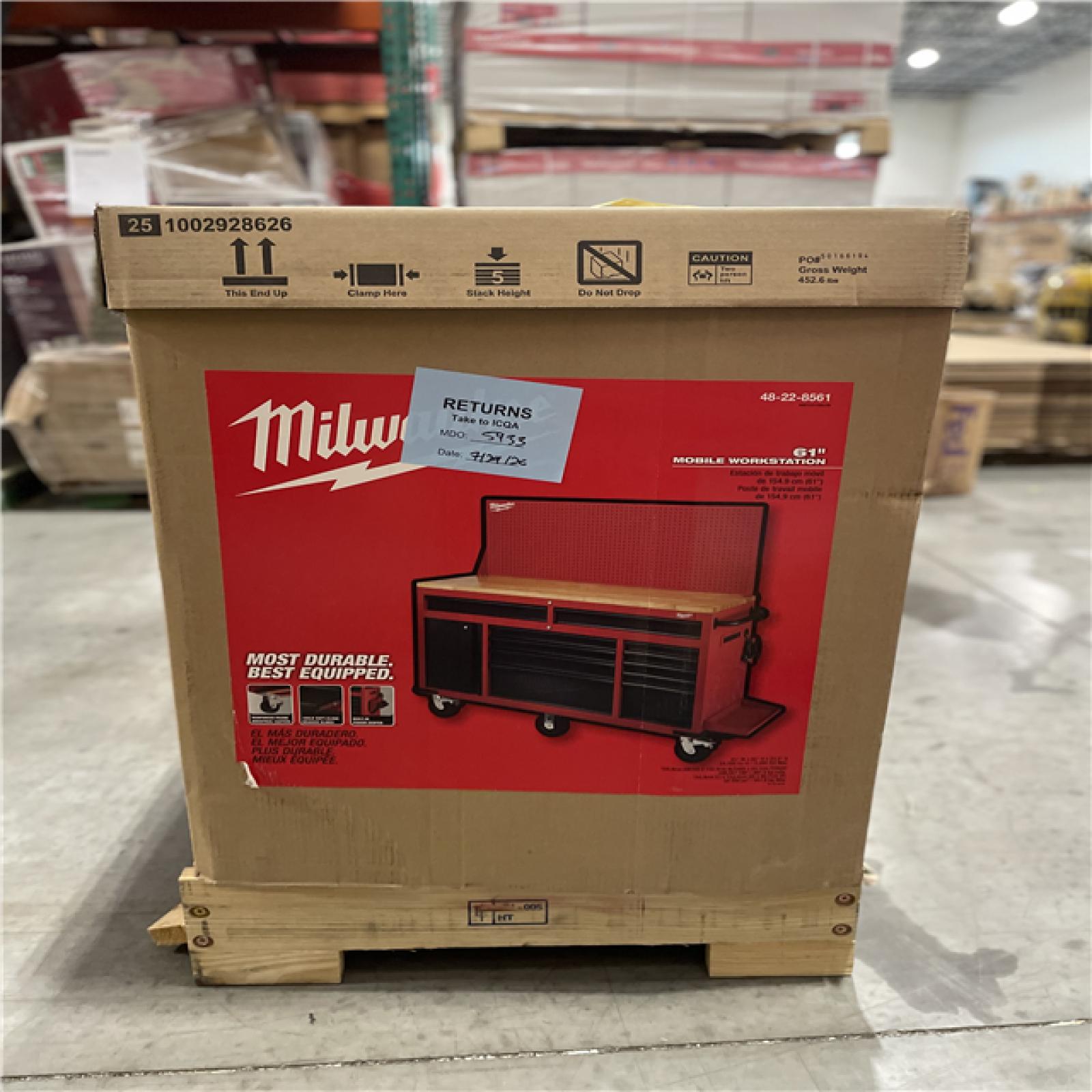 DALLAS LOCATION- AS-IS MILWUAKEE 61 in.11-Drawer/1-Door 22 in. D Mobile Workbench with Sliding Pegboard Back Wall Red/Black