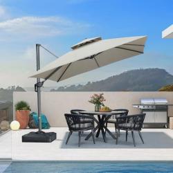 Phoenix LIKE NEW PURPLE LEAF 10 ft. Square Sunbrella Double Top Aluminum 360° Rotation Cantilever Patio Umbrella in Cast Ash, with Base