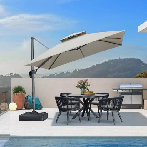 Phoenix LIKE NEW PURPLE LEAF 10 ft. Square Sunbrella Double Top Aluminum 360° Rotation Cantilever Patio Umbrella in Cast Ash, with Base
