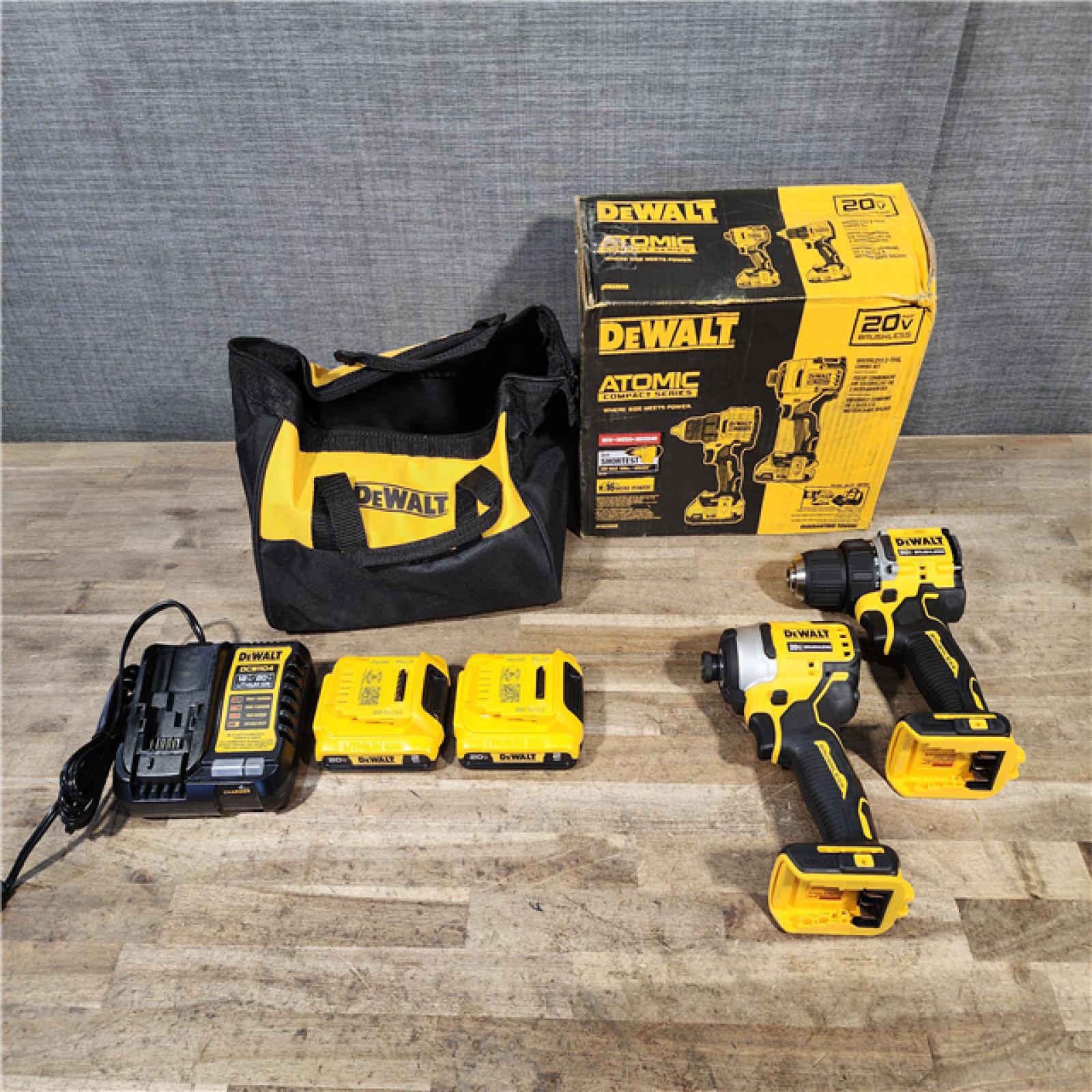 HOUSTON LOCATION - AS-IS Dewalt DCK225D2 20V MAX ATOMIC Brushless Compact Lithium-Ion 1/2 in. Cordless Drill Driver and 1/4 in. Impact Driver Combo Kit with 2 Batteries 2 Ah