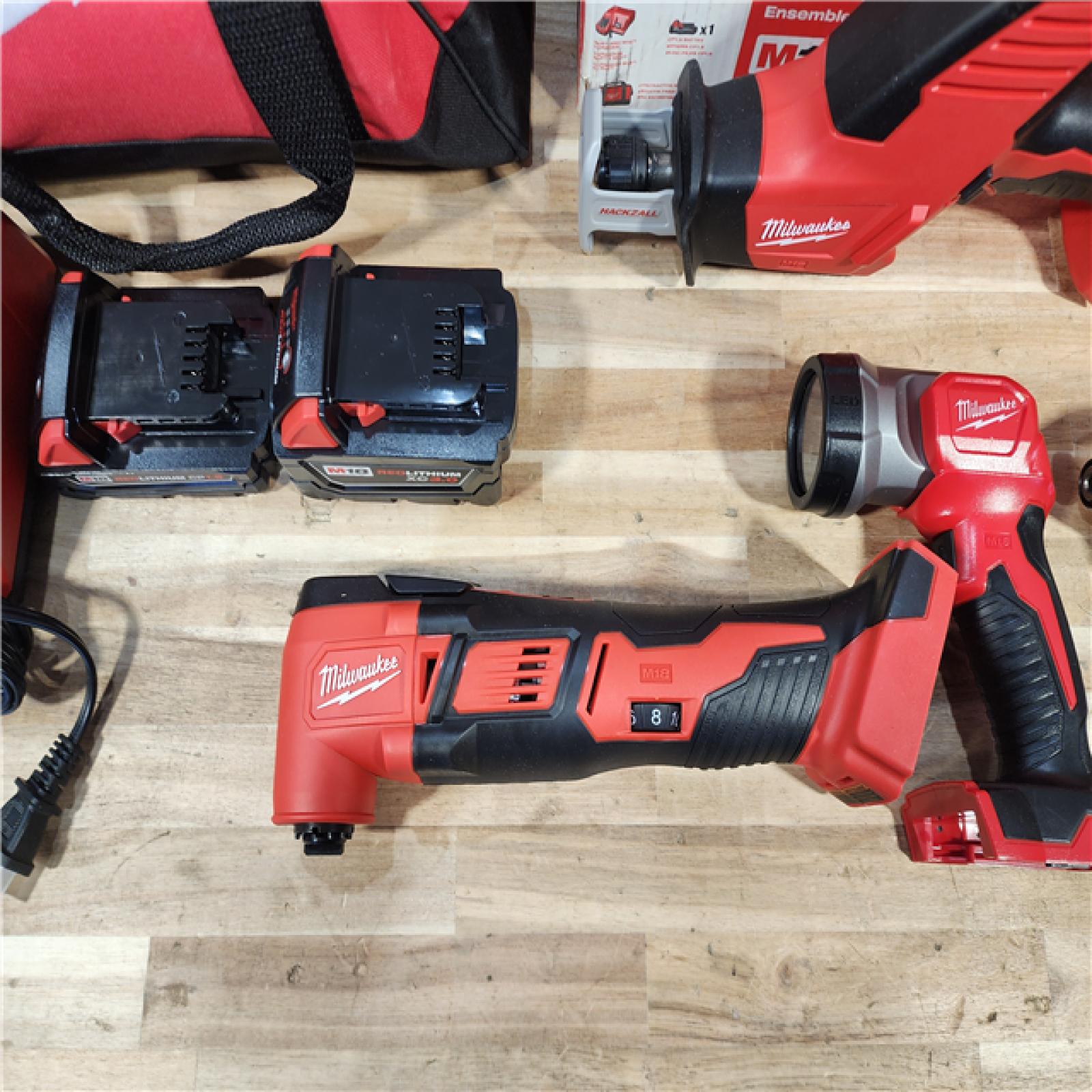 HOUSTON LOCATION - AS-IS M18 18V Lithium-Ion Cordless Combo Kit (5-Tool) with (2) Batteries  Charger and Tool Bag
