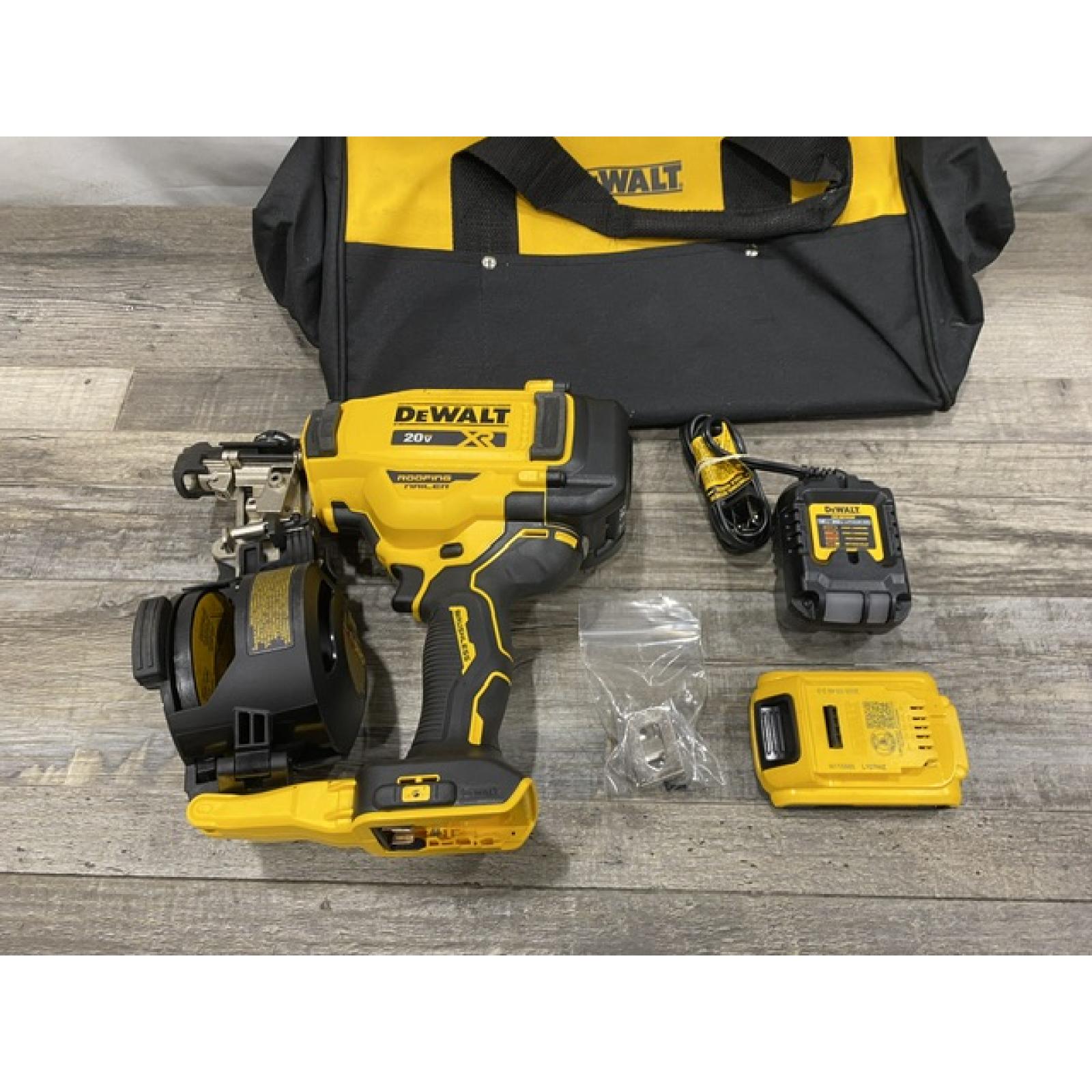AS-IS DEWALT 20V MAX Lithium-Ion 15-Degree Electric Cordless Roofing Nailer Kit