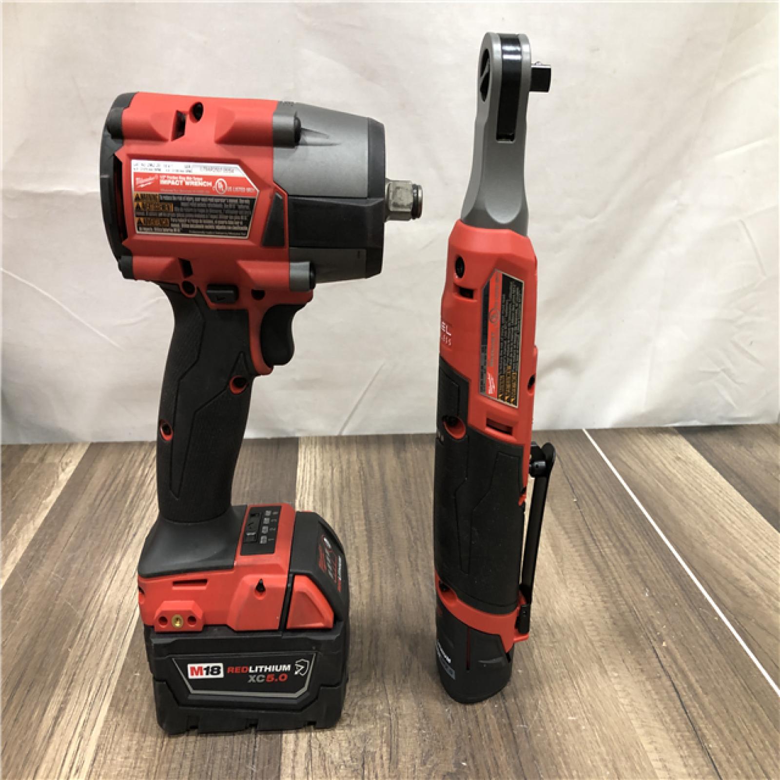 AS-IS Milwaukee FUEL 18V Cordless Mid Torque 1/2 in. Impact Wrench w/ M12 FUEL 3/8 in. Ratchet & Battery/Charger Combo Kit