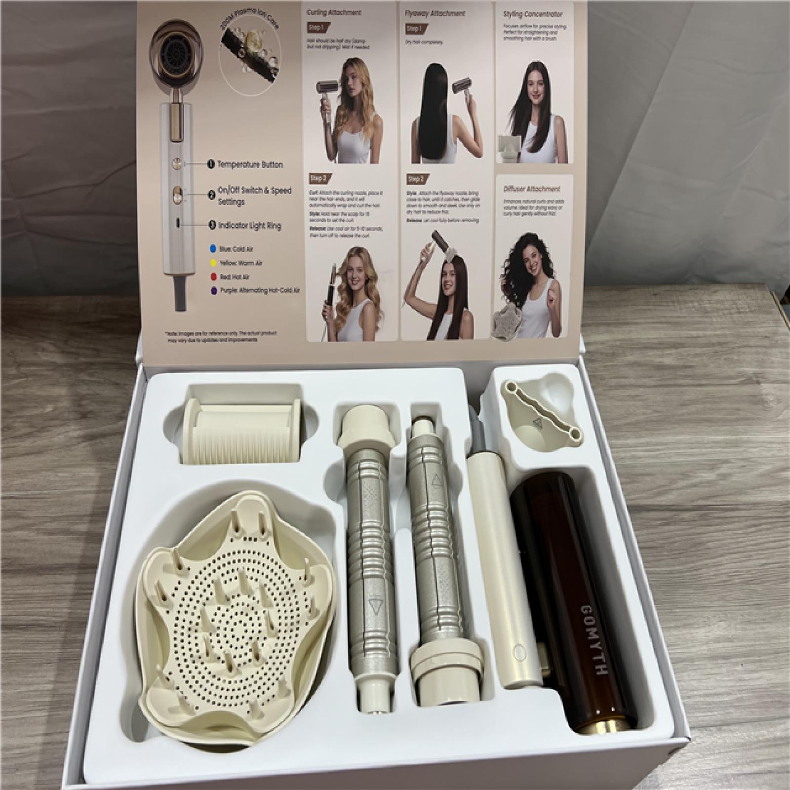 AS-IS Gomyth - 5-in-1 Hair Dryer & Multi-Styler  1300W High-Speed Ionic Hair Blower  No Heat Damage  Foldable & Dual Voltage for Travel - Pearly White & Bro