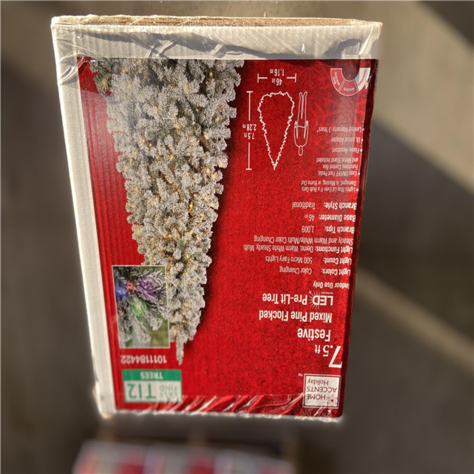 NEW! - Home Accents Holiday 7.5 ft. Festive Mixed Pine Flocked LED Pre-Lit Artificial Christmas Tree T12