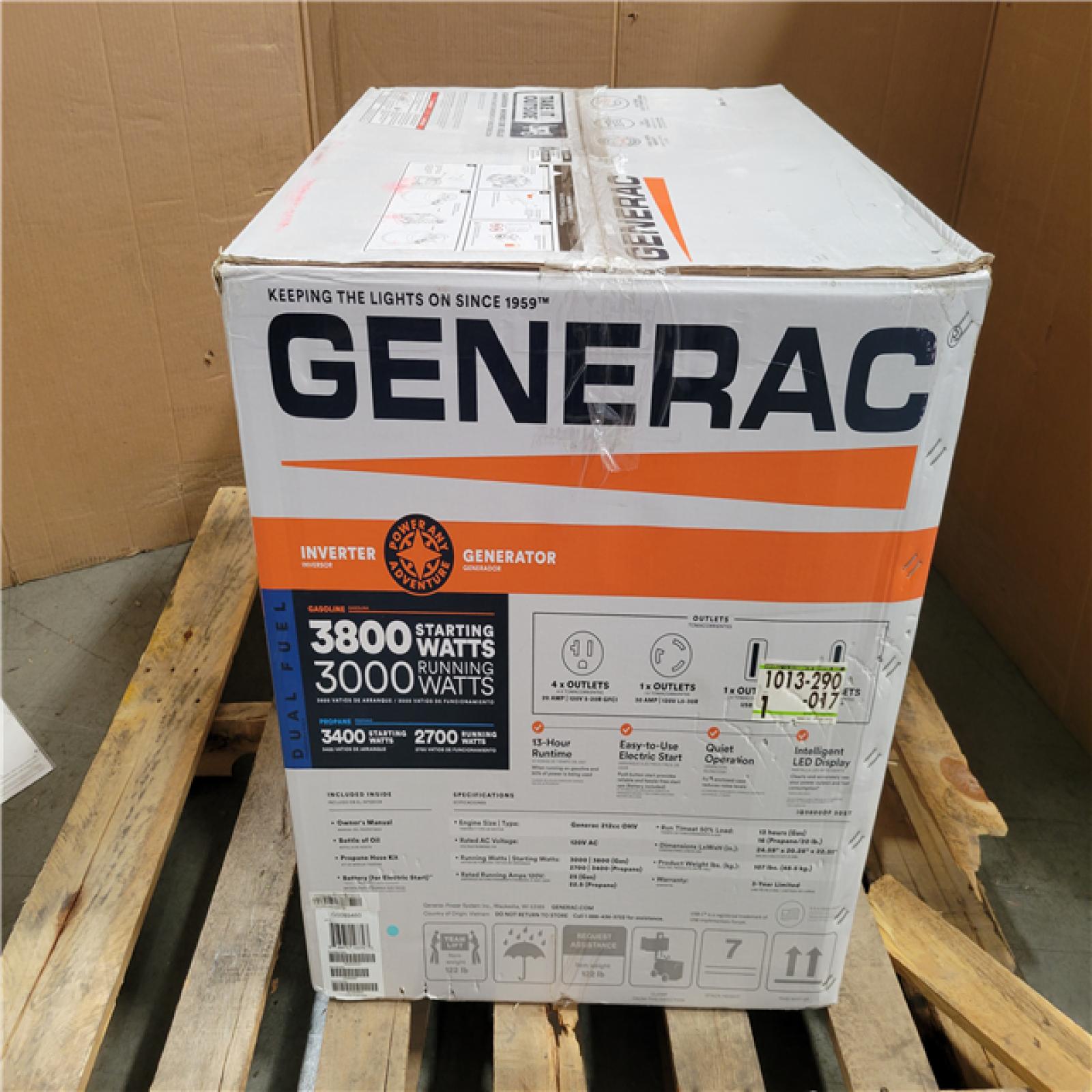 CALIFORNIA NEW GENERAC 3800/3000-WATT DUAL FUEL INVERTER GENERATOR  FULLY ENCLOSED CASE