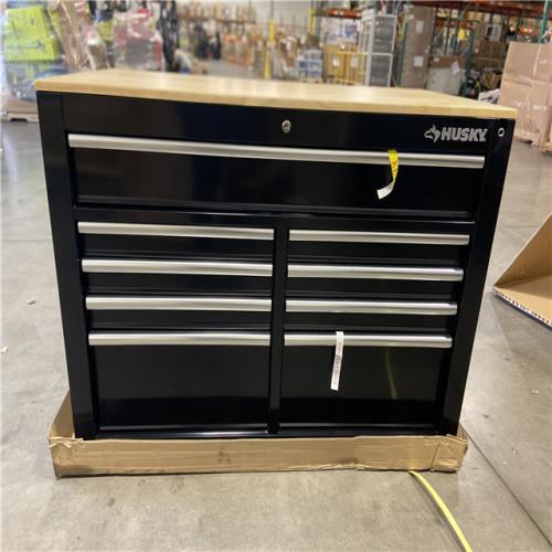 DALLAS LOCATION - Husky 46 in. x 25 in. D 9-Drawer Mobile Workbench with Adjustable Height Wood Top in Gloss Black