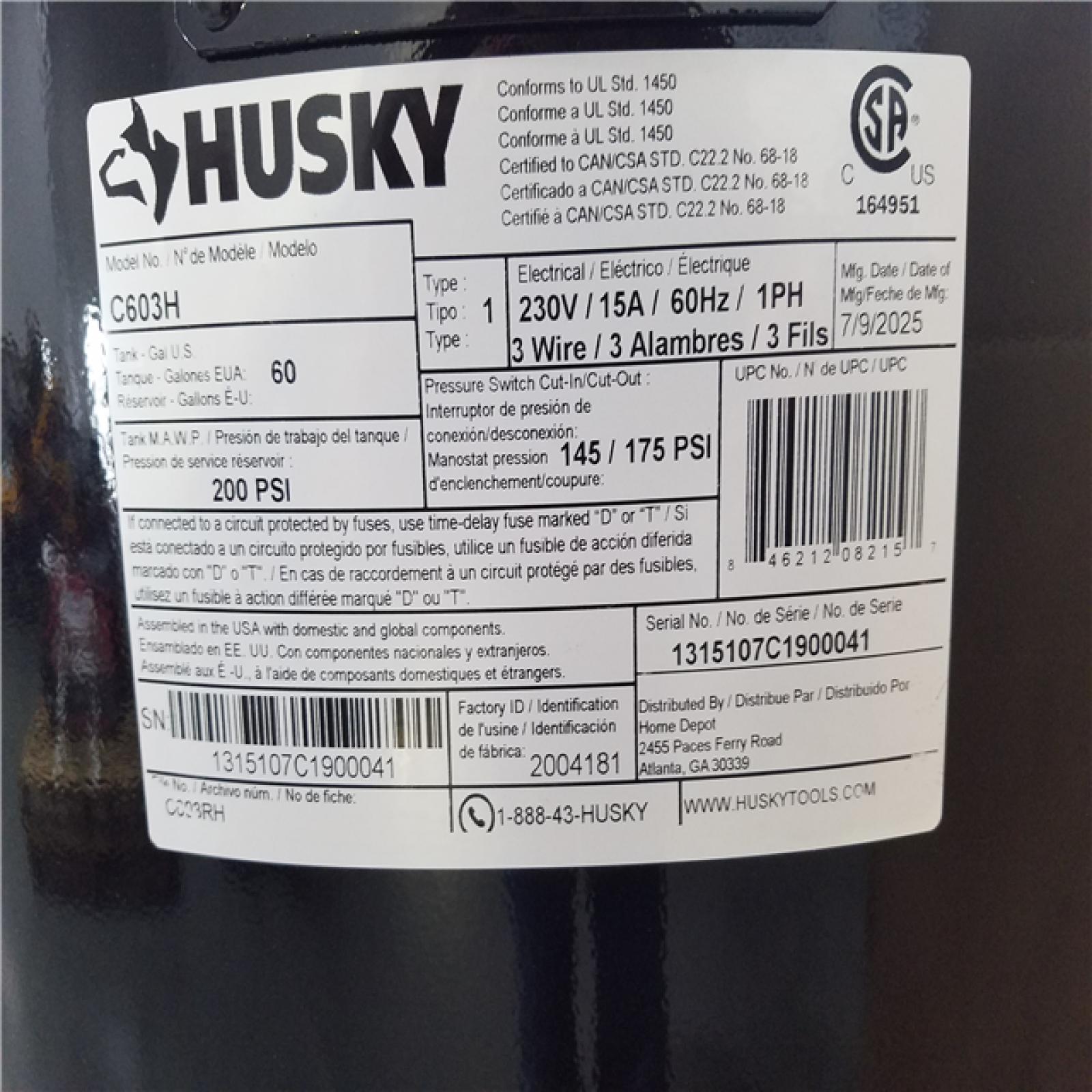 CALIFORNIA AS-IS HUSKY 175 PSI AIR COMPRESSOR