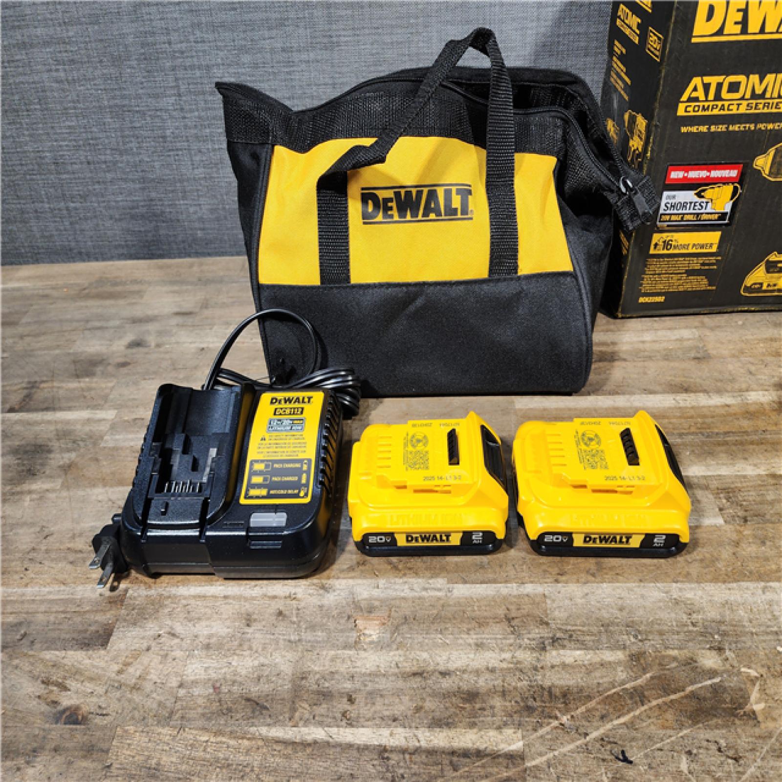 HOUSTON LOCATION - AS-IS Dewalt DCK225D2 20V MAX ATOMIC Brushless Compact Lithium-Ion 1/2 in. Cordless Drill Driver and 1/4 in. Impact Driver Combo Kit with 2 Batteries 2 Ah