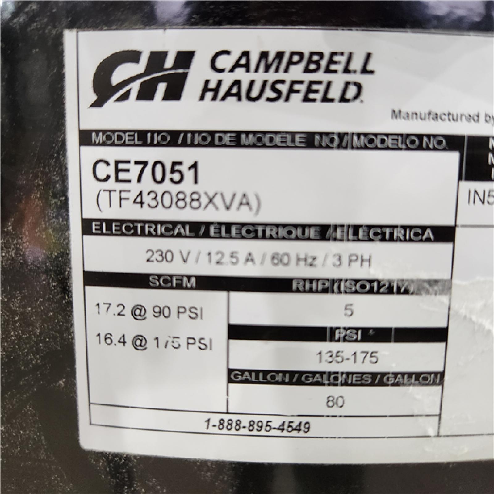 Houston Location - AS-IS Campbell Hausfeld Stationary Two-Stage Air Compressor 80gal 175psi