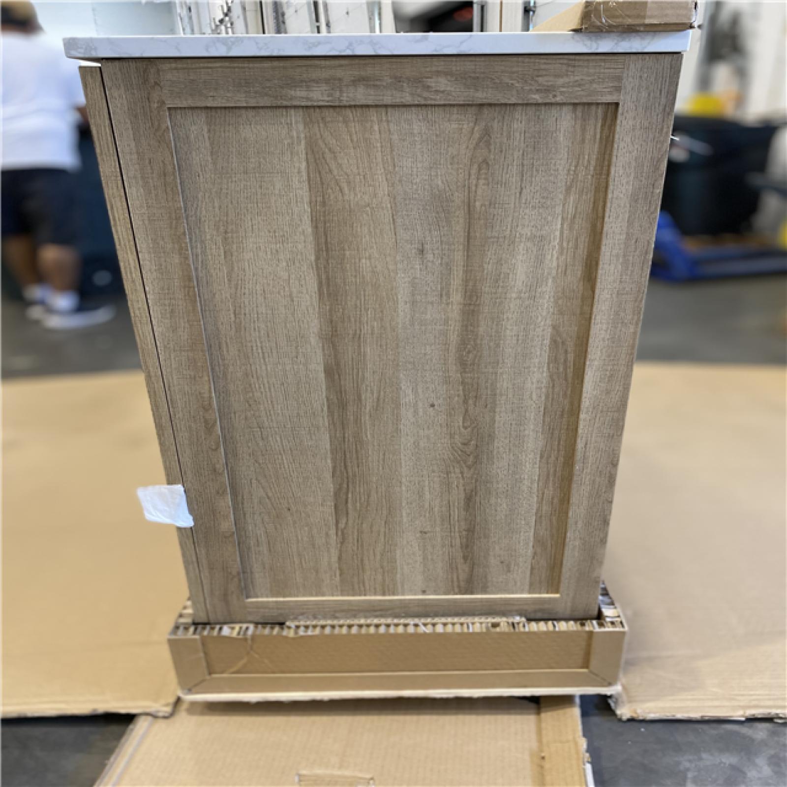DALLAS LOCATION - Glacier Bay Tobana 60 in. Double Sink Weathered Tan Bath Vanity with White Engineered Marble Top (Assembled)
