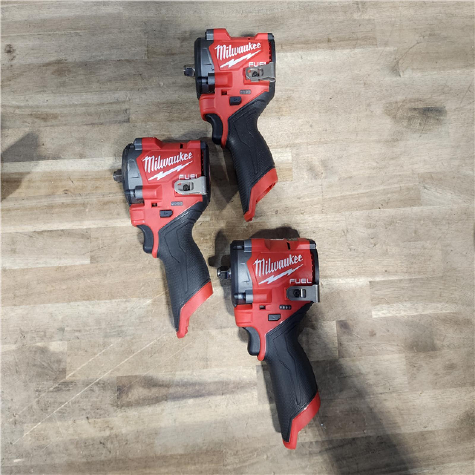 HOUSTON LOCATION - AS-IS (3) Milwaukee M12 FUEL 12V Li-Ion Brushless Cordless Stubby 3/8 in. Impact Wrench Kit W/ (2) BATTERY & CHARGER