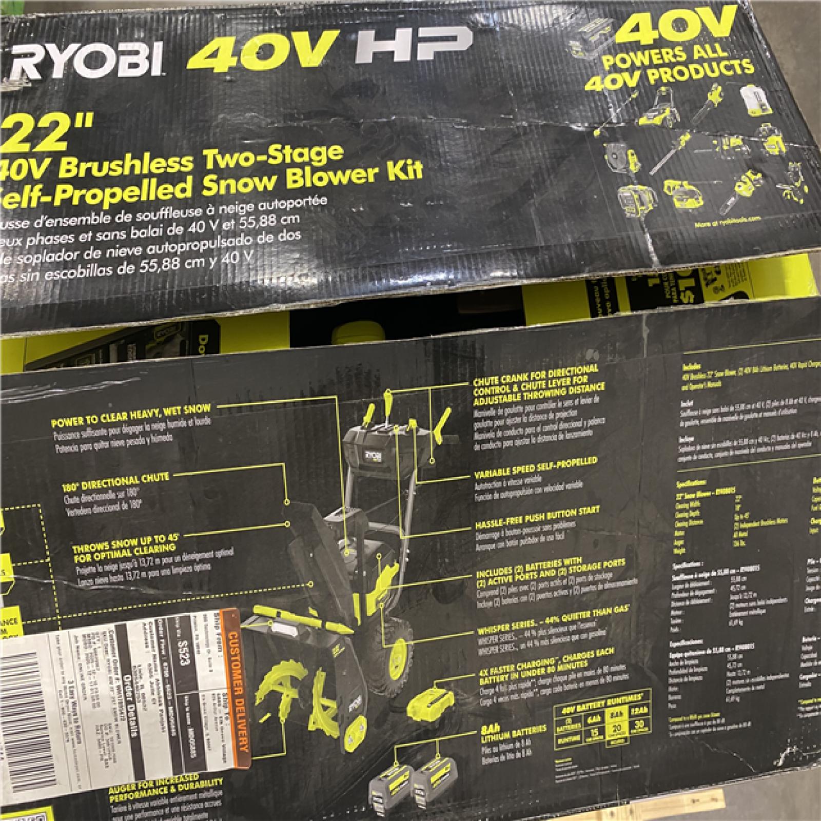 Dallas Location - As-Is RYOBI 40V HP Brushless Whisper Series 22 2-Stage Cordless Electric Self-Propelled Snow Blower - (2) 8 Ah Batteries & Charger