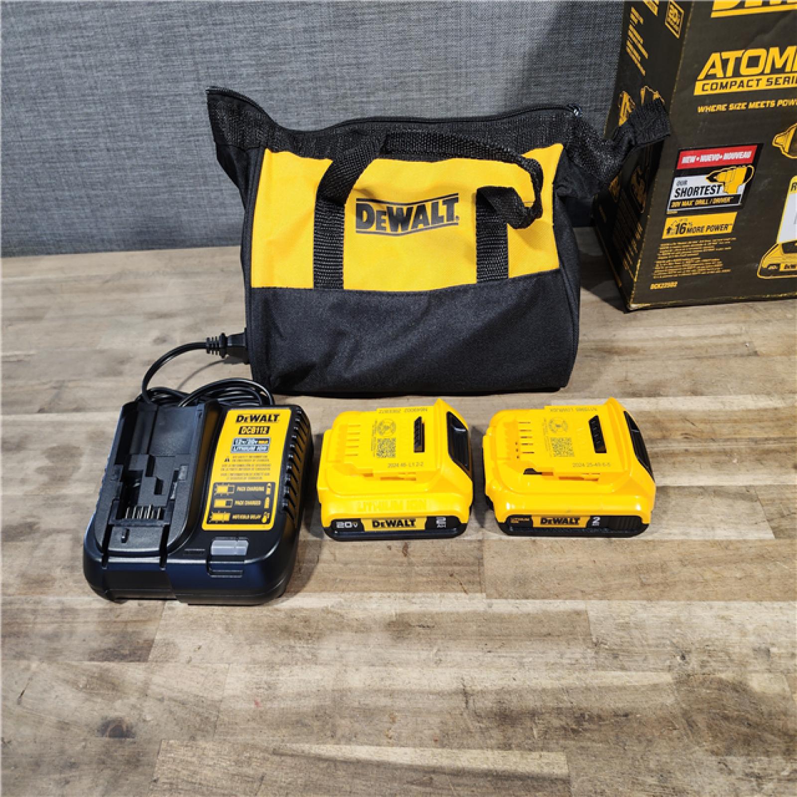 HOUSTON LOCATION - AS-IS Dewalt DCK225D2 20V MAX ATOMIC Brushless Compact Lithium-Ion 1/2 in. Cordless Drill Driver and 1/4 in. Impact Driver Combo Kit with 2 Batteries 2 Ah
