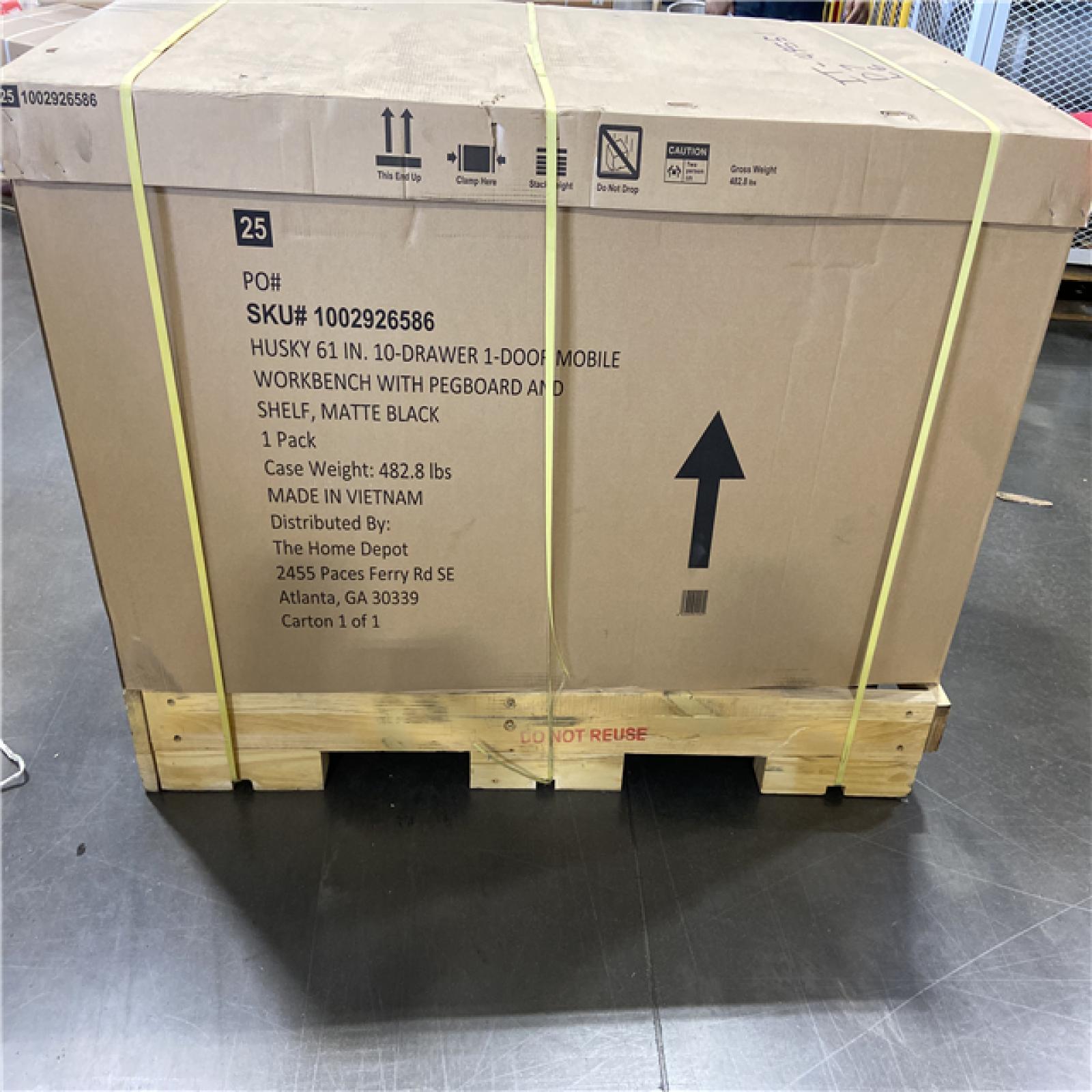 DALLAS LOCATION - Husky 61 in. W x 26 in. D Heavy Duty 10-Drawer 1-Door Mobile Workbench with Hardwood Top, Pegboard and Shelf in Matte Black