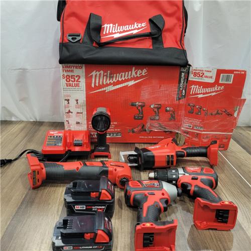 AS-IS Milwaukee M18 18V Lithium-Ion Cordless Combo Kit (5-Tool) with (2) Batteries, Charger and Tool Bag