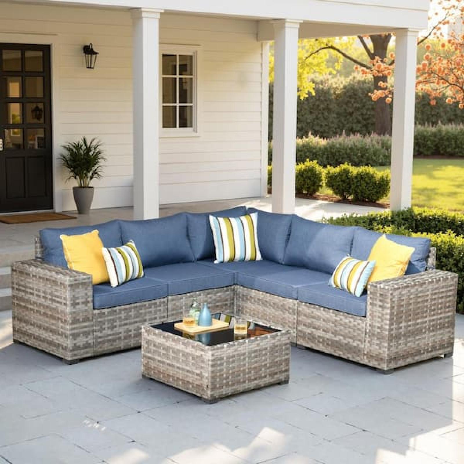 Phoenix HOOOWOOO Tahoe Gray 6-Piece Wicker Extra-Wide Arm Outdoor Patio Conversation Sofa Set with Denim Blue Cushions
