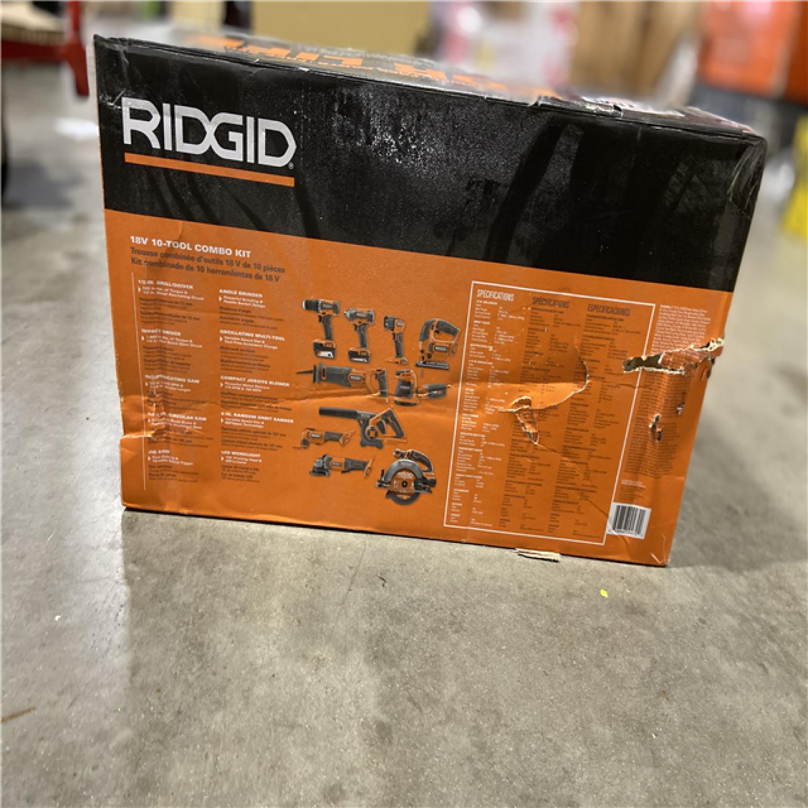 NEW! - RIDGID 18V Cordless 10-Tool Combo Kit with 2.0 Ah Battery, 4.0 Ah Battery, Charger, and Tool Bag