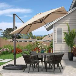 Phoenix PURPLE LEAF 8 ft. Square Aluminum UV-Resistant Outdoor Cantilever 360° Rotation Patio Umbrella with Wheeled Base  Beige