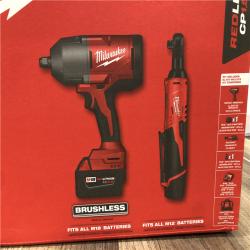 NEW-Milwaukee 12/18V Lithium-Ion Cordless 3/8 in. Ratchet and 1/2 in. High Torque Impact Wrench with Friction Ring Combo Kit