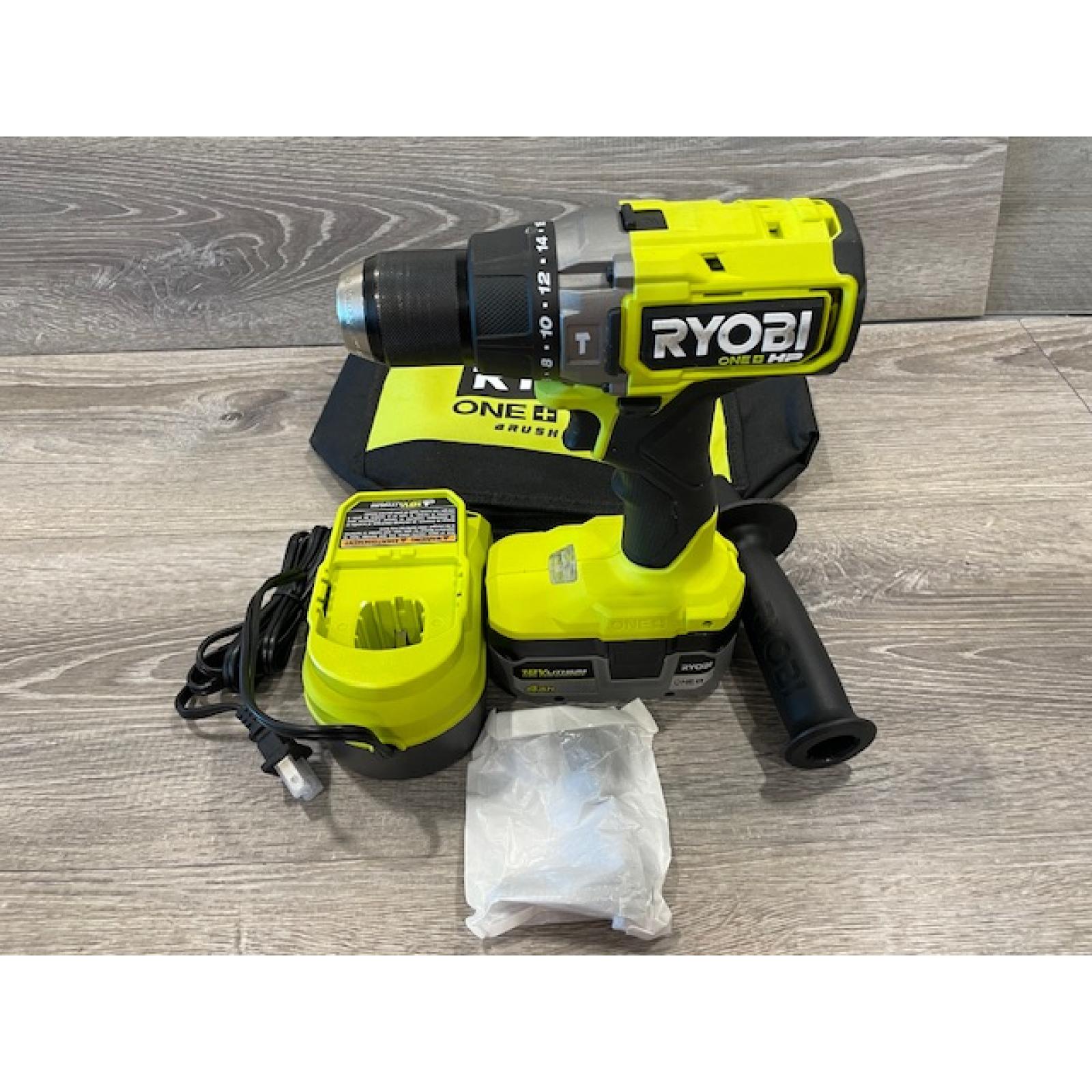 AS-IS ONE+ HP 18V Brushless Cordless 1/2 in. Hammer Drill Kit 4.0 Ah HIGH PERFORMANCE Battery  Charger  and Bag