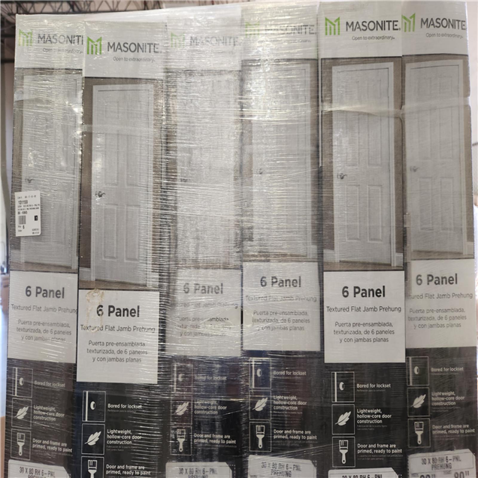 Phoenix NEW Masonite 30 in. x 80 in. 6 Panel Left-Handed Primed Composite Hollow Core Single Prehung Interior Door 4-9/16 in. Flat Jamb Pallet of 6