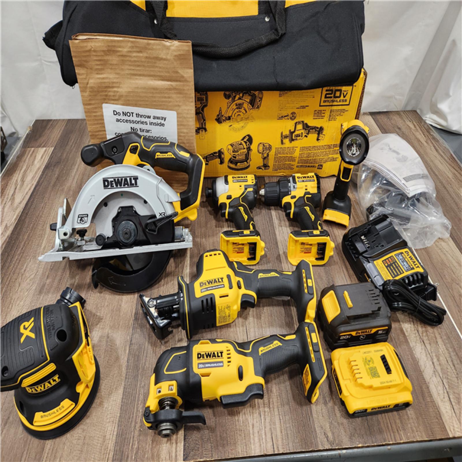AS-IS DEWALT 20-Volt MAX Lithium-Ion Cordless 7-Tool Combo Kit with 2.0 Ah Battery, 5.0 Ah Battery and Charger