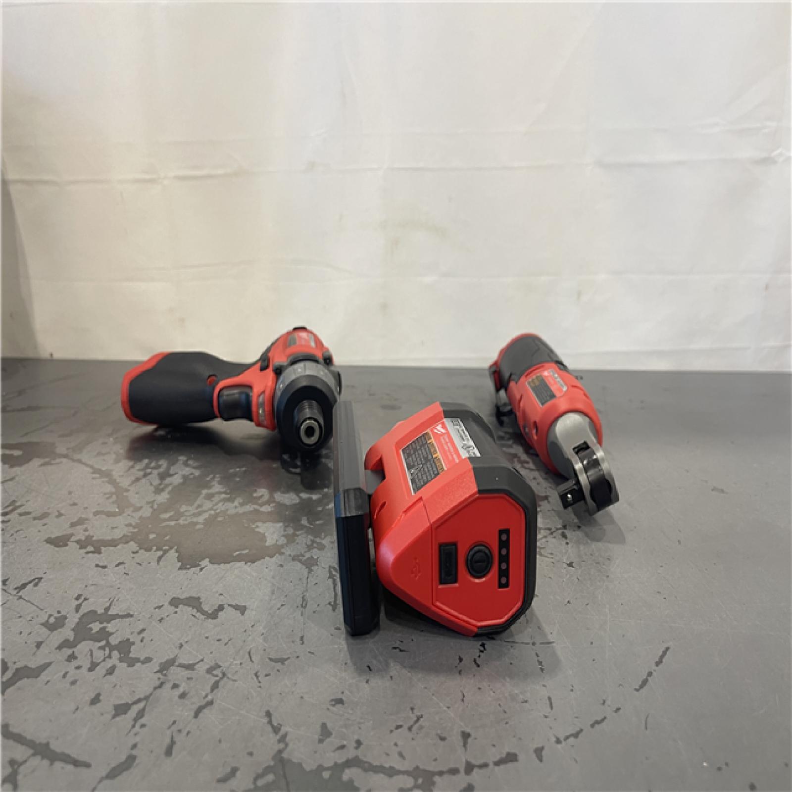AS-IS- M12 12V Lithium-Ion Cordless Screwdriver, 3/8 in. High Speed Ratchet, Light Combo Kit (3-Tool) W/ 2 Batteries & Charger