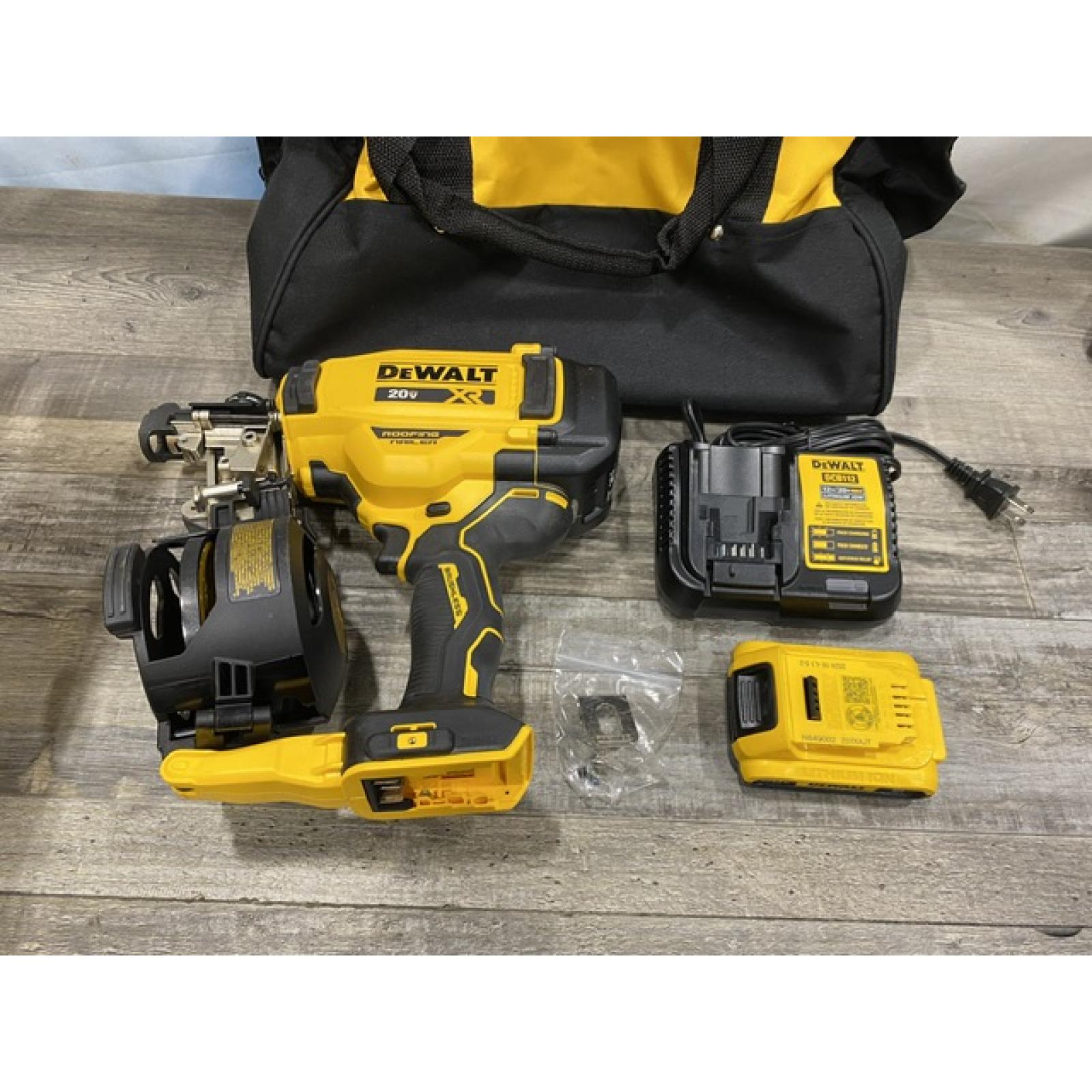 AS-IS DEWALT 20V MAX Lithium-Ion 15-Degree Electric Cordless Roofing Nailer Kit
