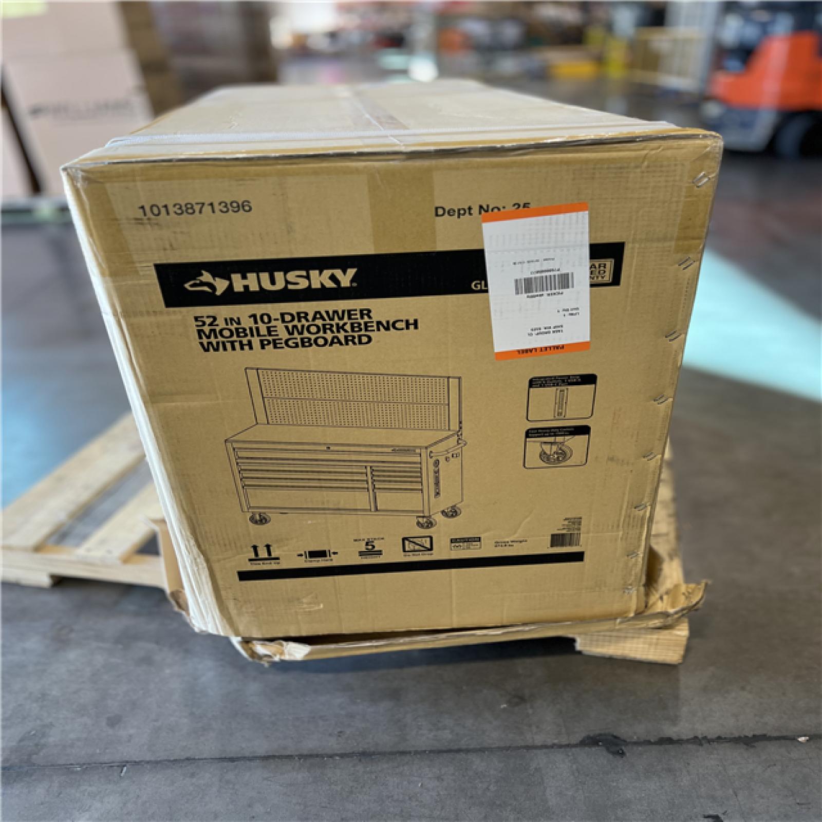 DALLAS LOCATION - AS-IS Husky 52 in. W 10-Drawer Gloss Red Mobile Workbench Cabinet with Solid Wood Top and Pegboard