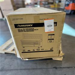 DALLAS LOCATION - AS-IS Husky 52 in. W 10-Drawer Gloss Red Mobile Workbench Cabinet with Solid Wood Top and Pegboard