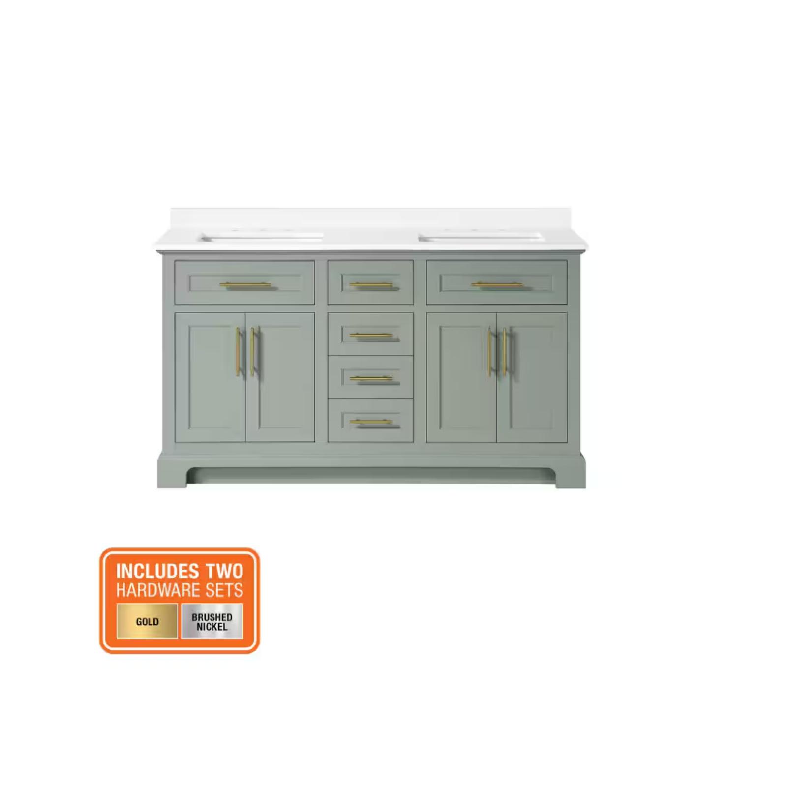 DALLAS LOCATION - Home Decorators Collection Doveton 60 in. Double Sink Sage Green Bath Vanity with White Engineered Stone Top (Assembled)