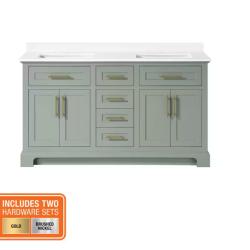 DALLAS LOCATION - Home Decorators Collection Doveton 60 in. Double Sink Sage Green Bath Vanity with White Engineered Stone Top (Assembled)