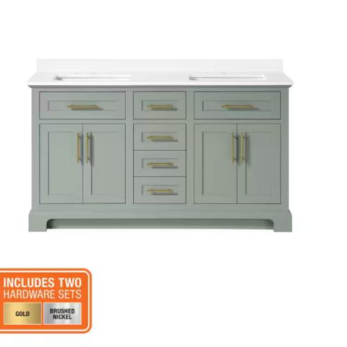 DALLAS LOCATION - Home Decorators Collection Doveton 60 in. Double Sink Sage Green Bath Vanity with White Engineered Stone Top (Assembled)