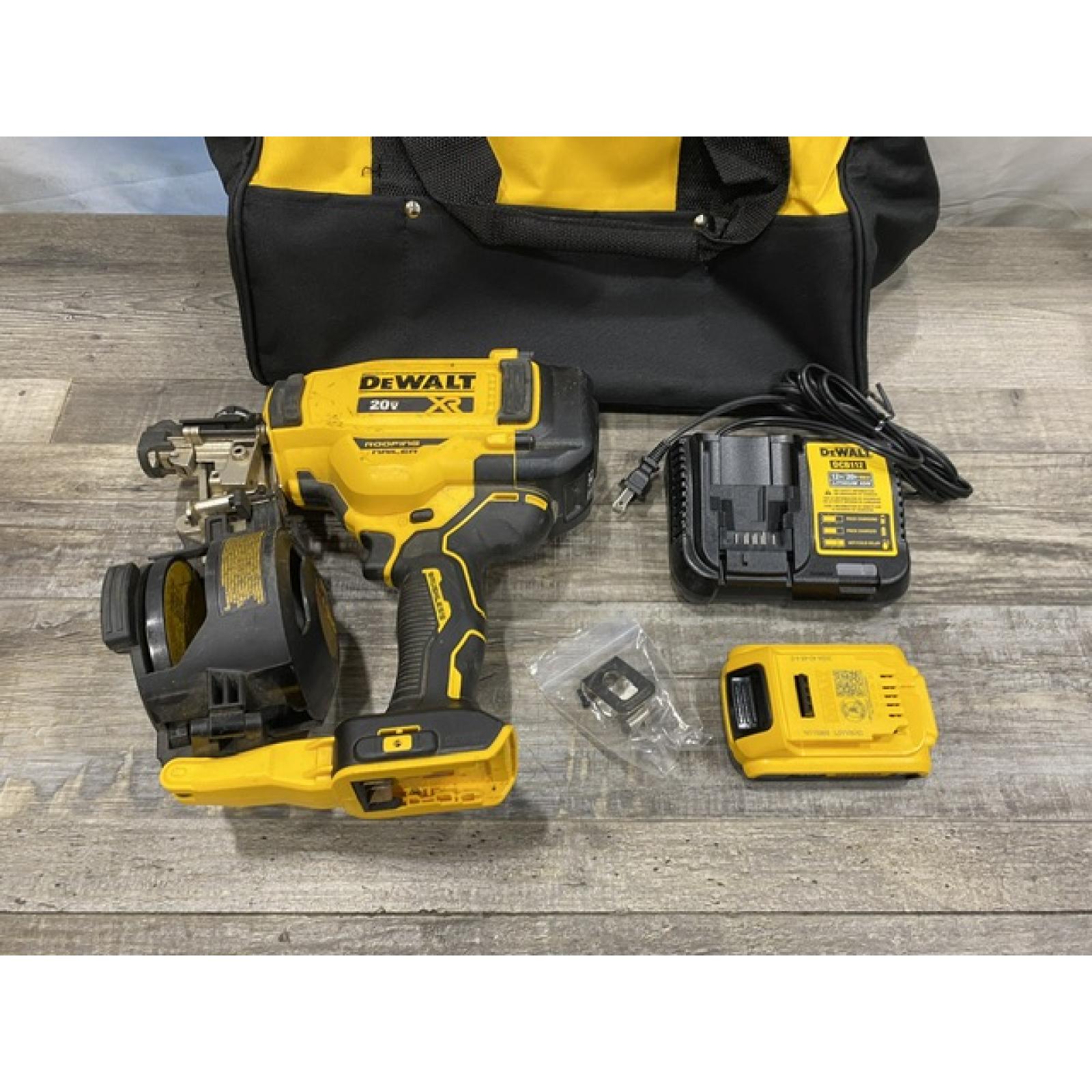 AS-IS DEWALT 20V MAX Lithium-Ion 15-Degree Electric Cordless Roofing Nailer Kit