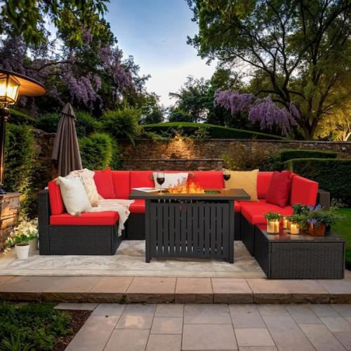 Phoenix NEW Tozey 8-Piece Patio Conversation Set with 50 000 BTU Propane Fire Pit Table  Wicker Seating Set with Red Cushions