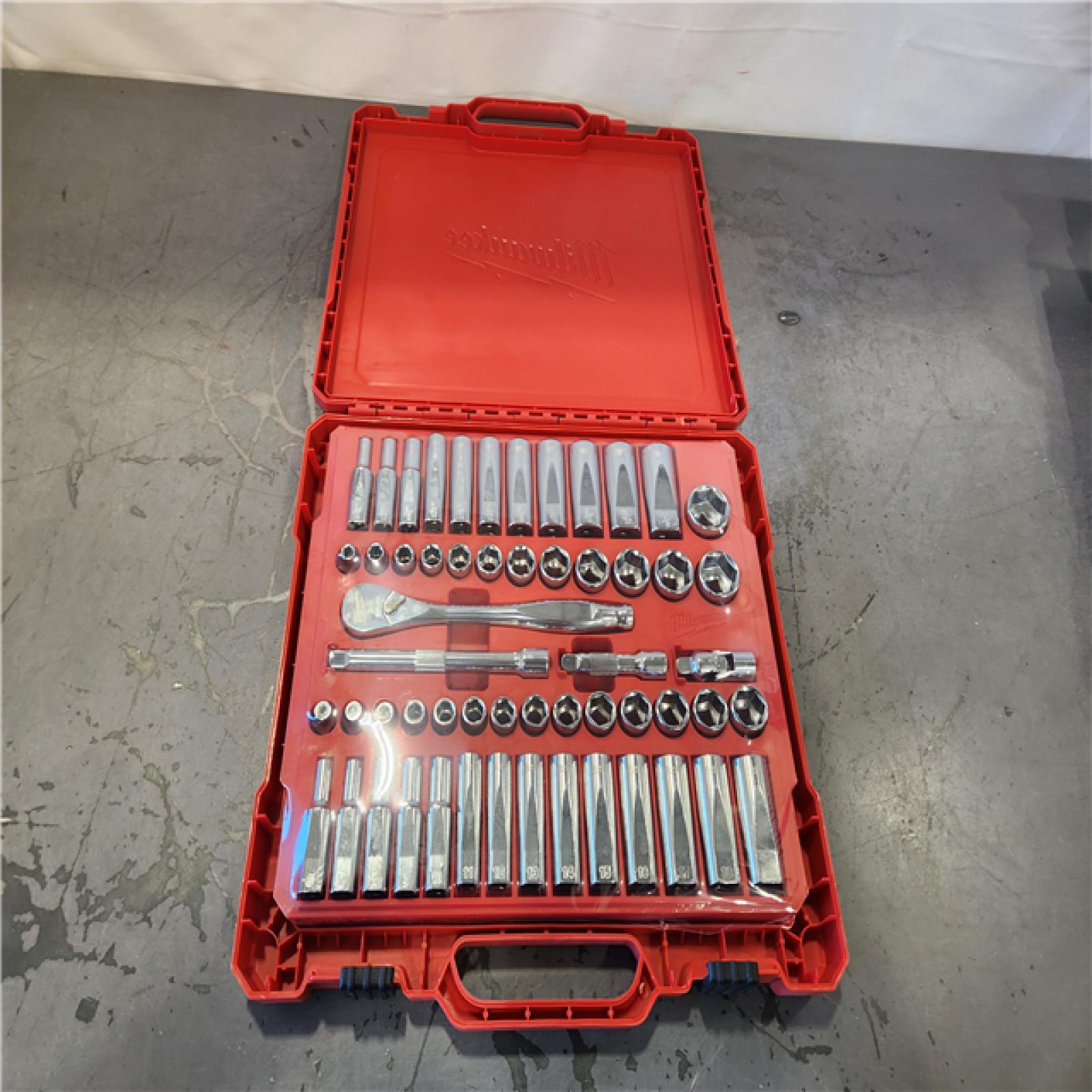 AS-IS- Milwaukee 3/8 in. Drive SAE/Metric Ratchet and Socket Mechanics Tool Set (56-Piece)