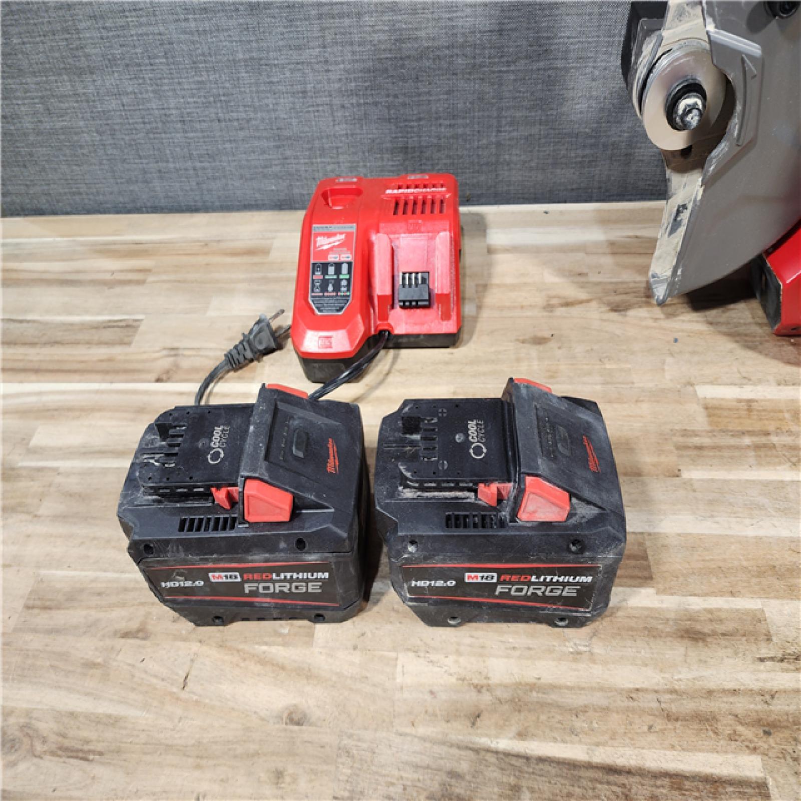 HOUSTON LOCATION - AS-IS Milwaukee M18 FUEL ONE-KEY 18-Volt Lithium-Ion Brushless Cordless 9 in. Cut Off Saw Kit W/ (2) 12.0Ah Batteries & Rapid Charger