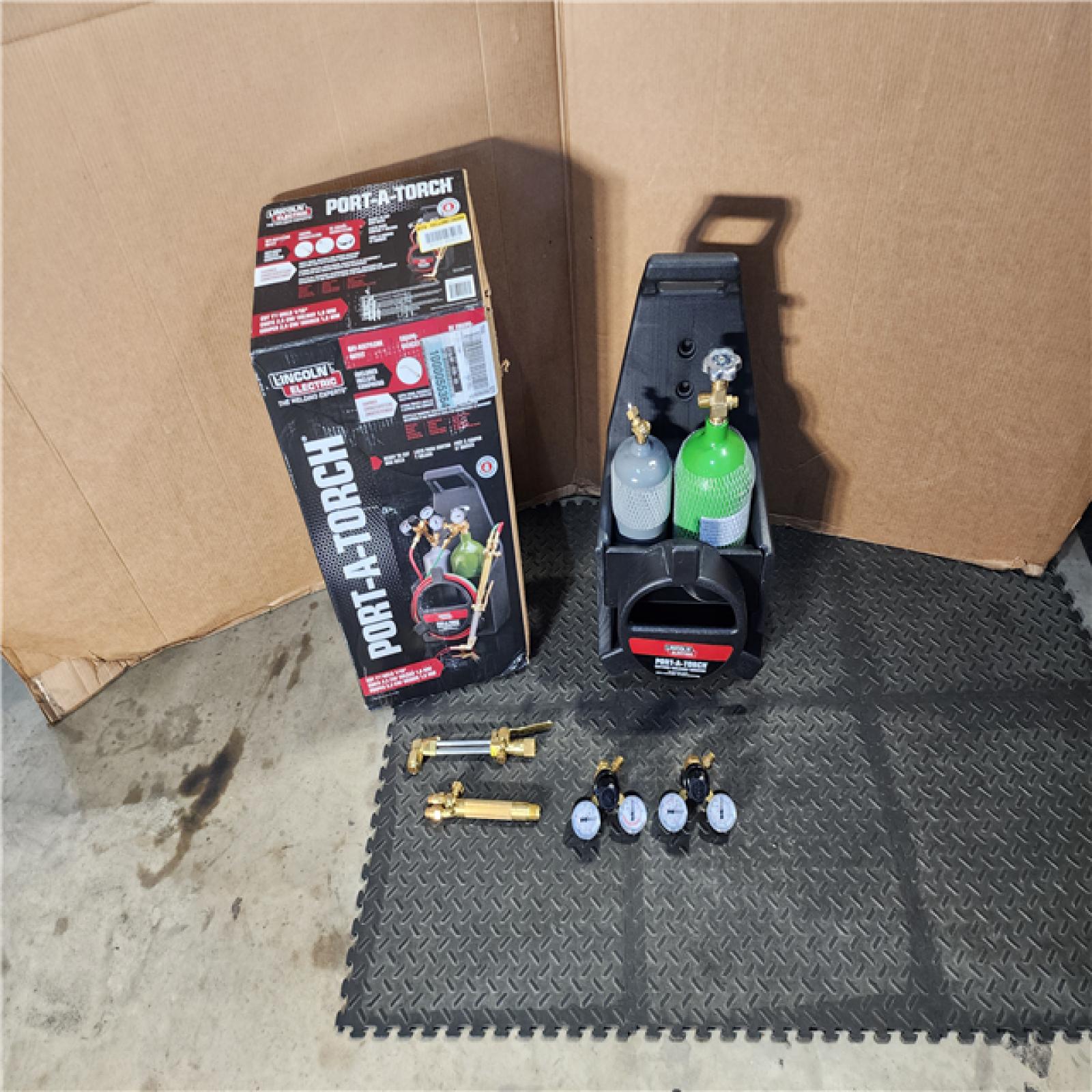 HOUSTON LOCATION - AS-IS Lincoln Electric Port-a-Torch Kit with Oxygen and Acetylene Tanks and 3/16 in. X 12 Ft. Hose  for Cutting Welding and Brazing