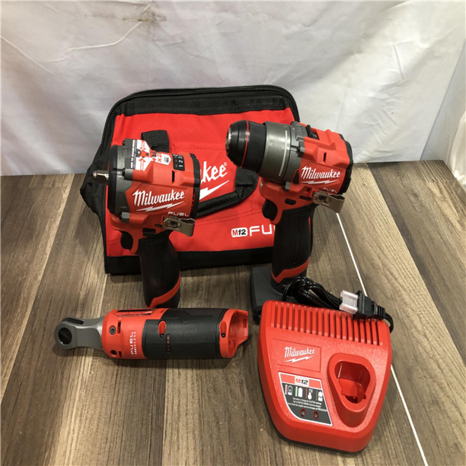 AS-IS Milwaukee FUEL 12V Lithium-Ion Cordless Drill Driver  Impact Wrench  and Ratchet Combo Kit