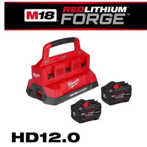 NEW! -Milwaukee M18 18V Lithium-Ion REDLITHIUM FORGE Starter Kit with Two 12.0 Ah Battery Pack and PACKOUT 6-Port Rapid Charger