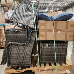 Phoenix OVIOS Joyoung Gray 9-Piece Wicker Patio Rectangle Fire Pit Conversation Set with Denim Blue Cushions and Swivel Chairs