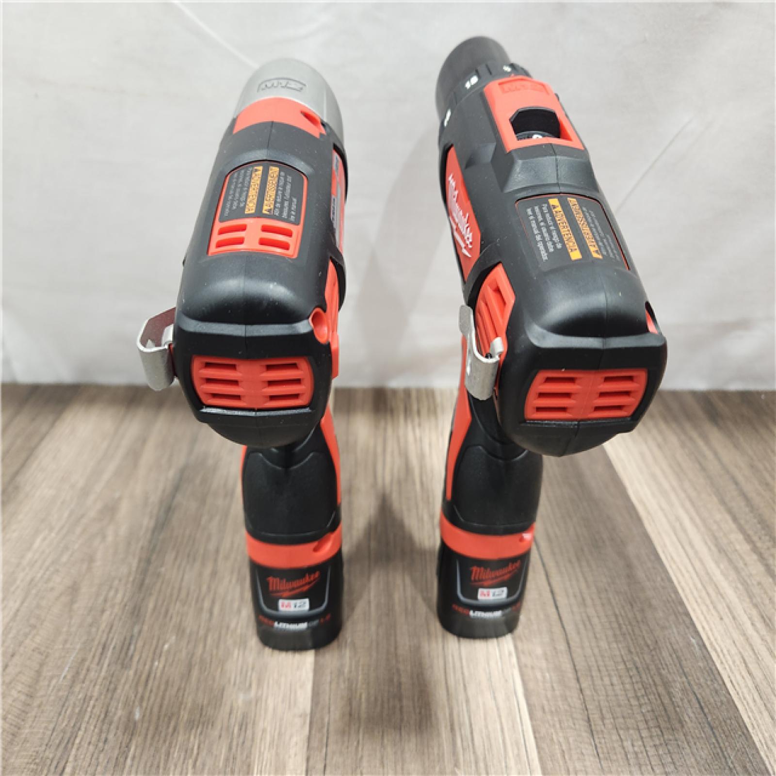 AS-IS- Milwaukee M12 Cordless Combination 3/8  Drill / Driver and 1/4  Hex Impact Driver Dual Power Tool Kit (2 Lithium Ion Batteries  Charger  and B