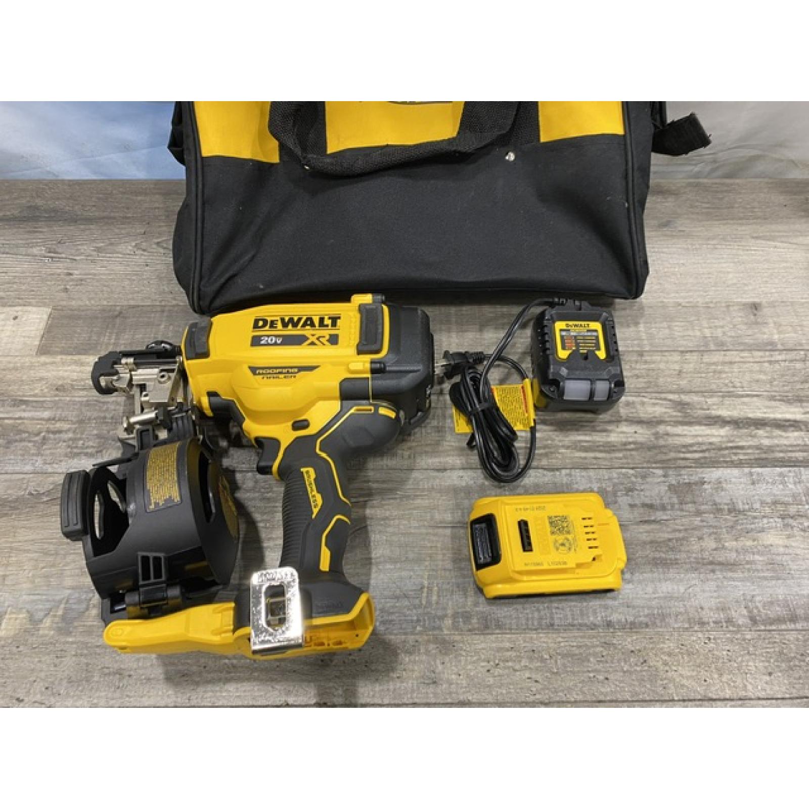 AS-IS DEWALT 20V MAX Lithium-Ion 15-Degree Electric Cordless Roofing Nailer Kit