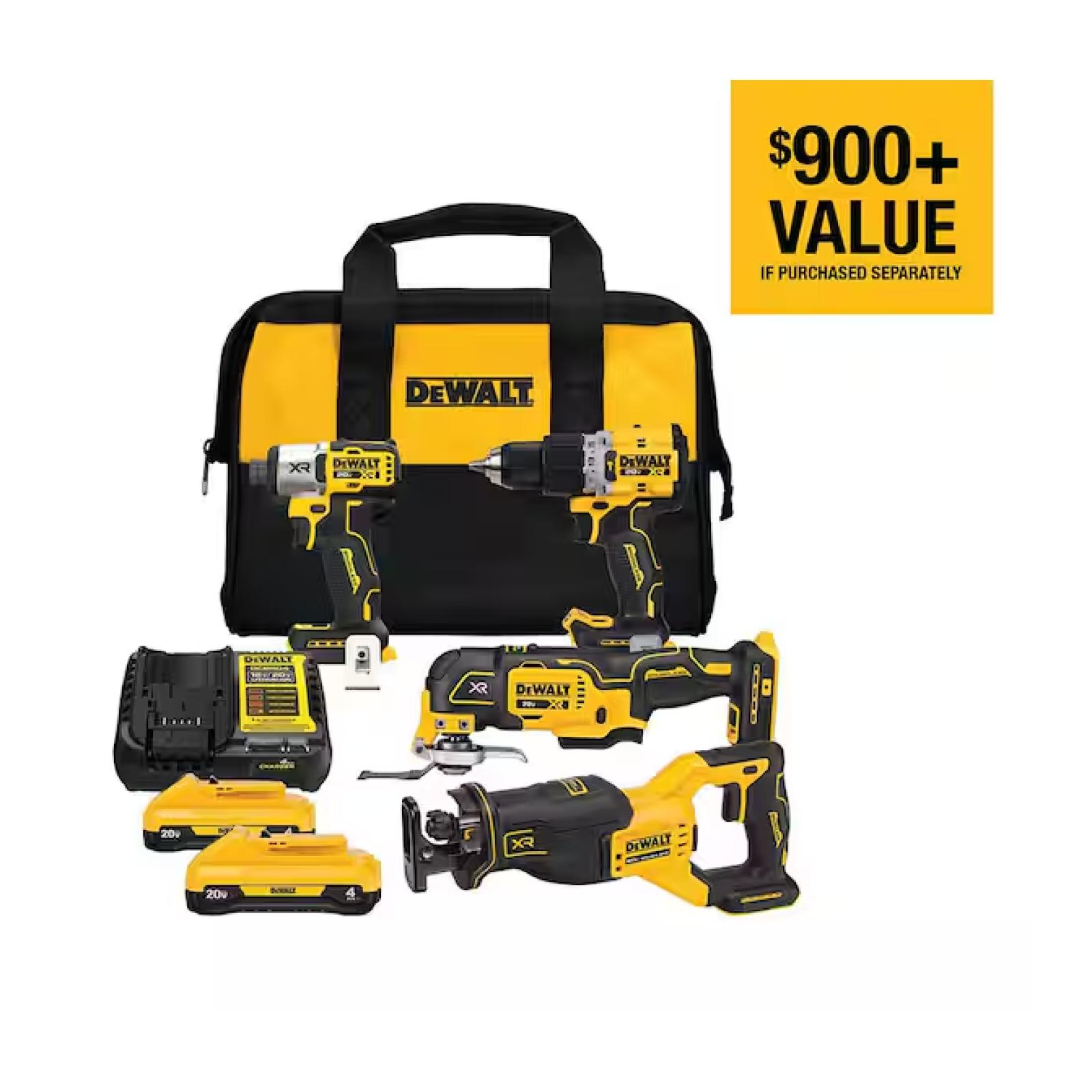 AS-IS DEWALT 20-Volt Maximum Lithium-Ion Cordless 4-Tool Combo Kit with (2) 4 Ah Batteries and Charger