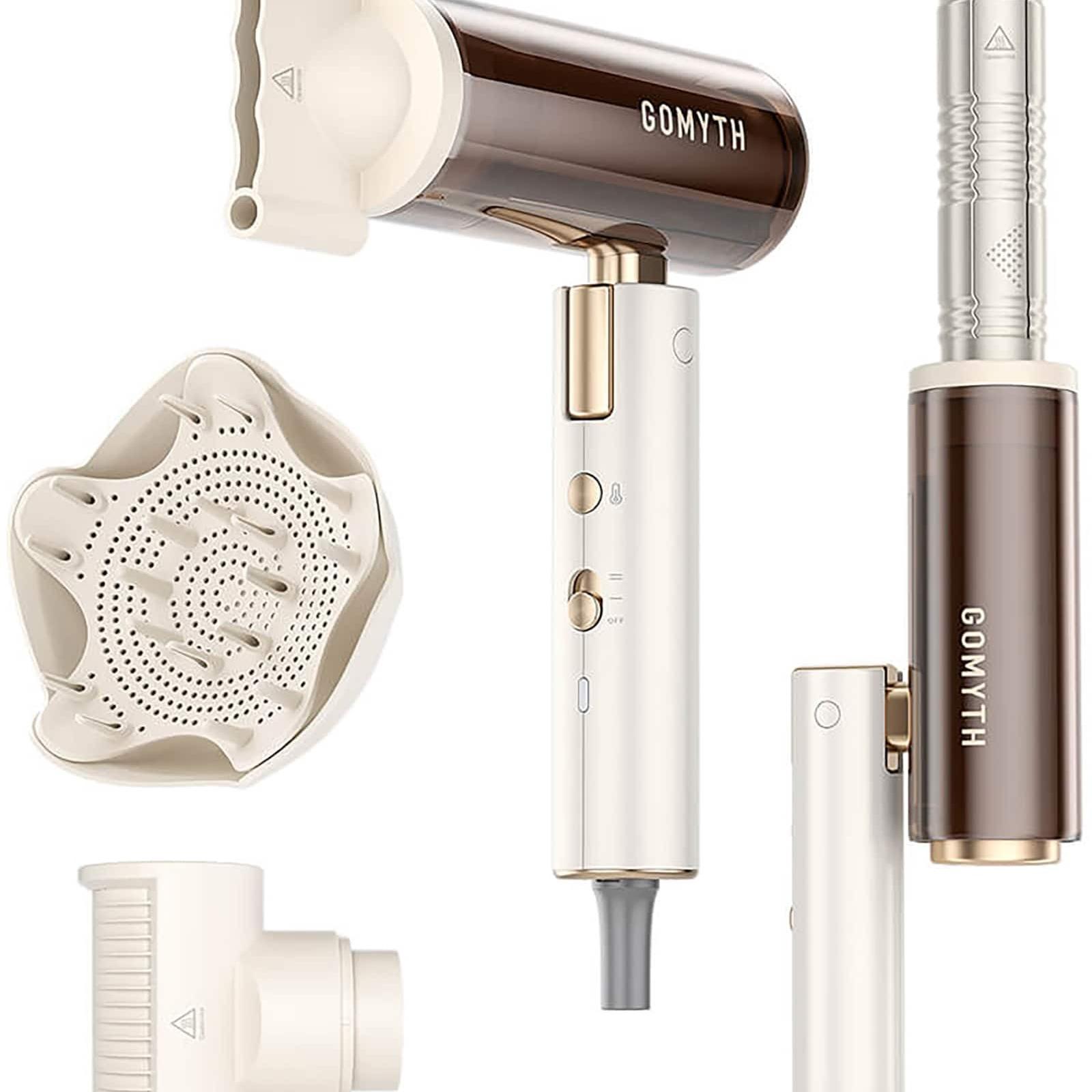 AS-IS Gomyth - 5-in-1 Hair Dryer & Multi-Styler  1300W High-Speed Ionic Hair Blower  No Heat Damage  Foldable & Dual Voltage for Travel - Pearly White & Bro