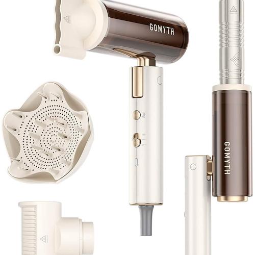 AS-IS Gomyth - 5-in-1 Hair Dryer & Multi-Styler  1300W High-Speed Ionic Hair Blower  No Heat Damage  Foldable & Dual Voltage for Travel - Pearly White & Bro